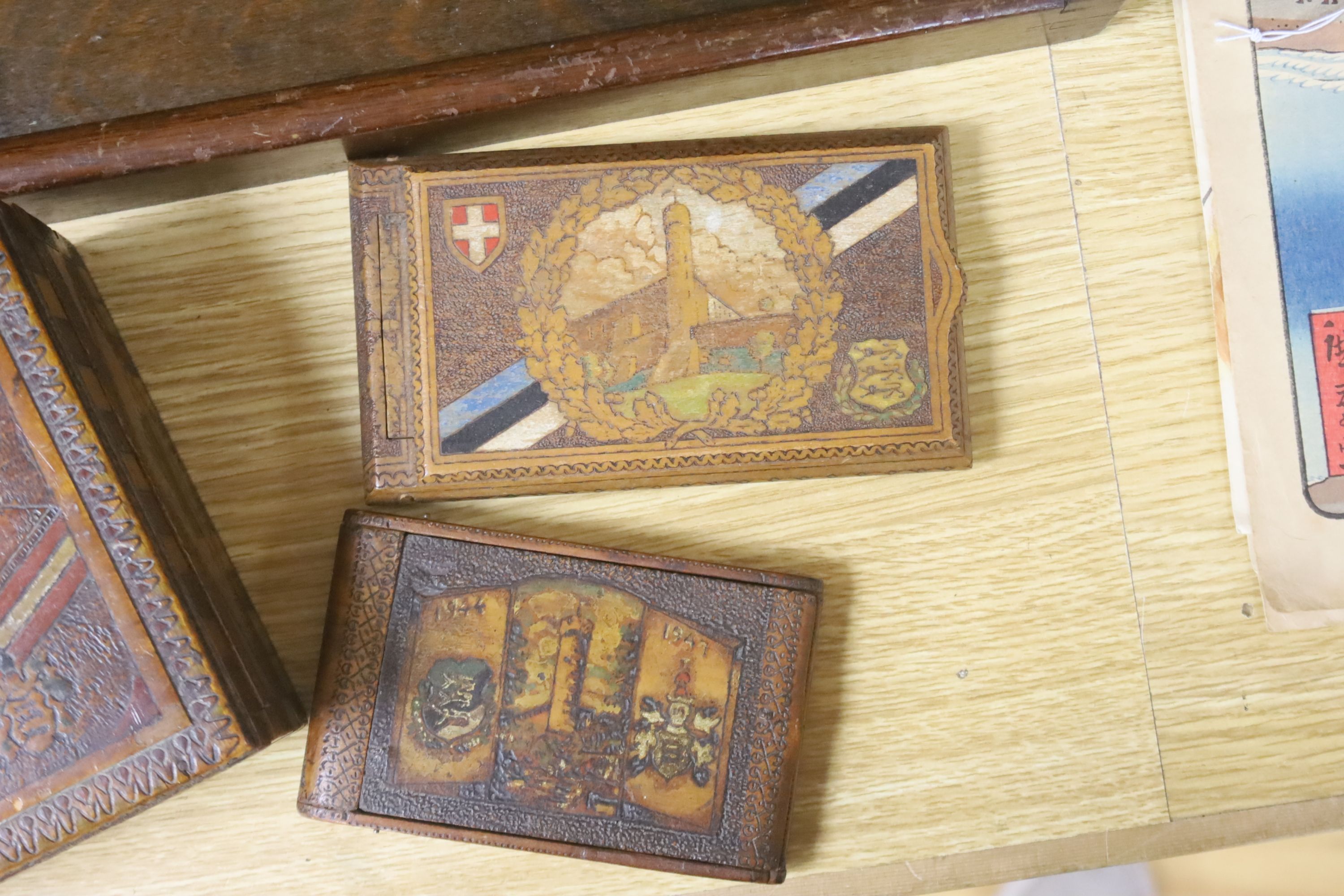 A tray with WWII Gibraltar interest, and three boxes made by displaced WWII Estonians, 48 x 32cm